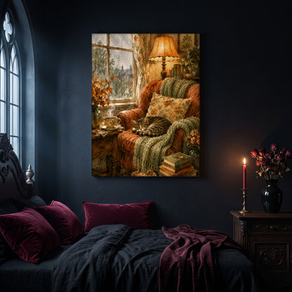 Tabby's Teatime Nap canvas hanging on a dark navy wall in a moody bedroom, above a bed with burgundy velvet pillows and charcoal bedding, beside an arched leaded window and a nightstand holding a lit red taper candle and a vase of dark roses.