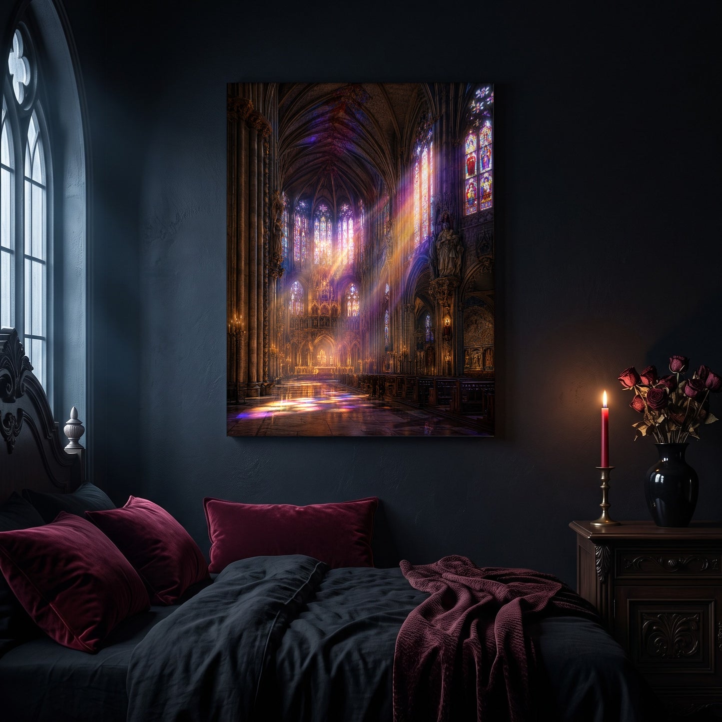 Gloria cathedral canvas hanging on a dark navy wall in a gothic bedroom, above a bed with burgundy velvet pillows and charcoal bedding, beside an arched leaded window and a wooden nightstand holding a lit red taper candle in a brass holder and a black vase of dried roses.
