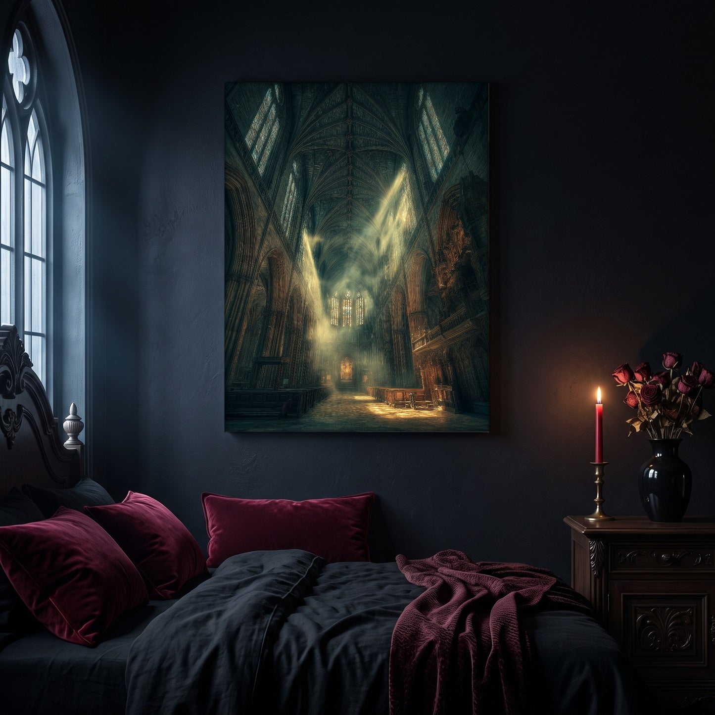 Compline cathedral canvas hanging on a dark navy wall in a gothic bedroom, above a bed with burgundy velvet pillows and charcoal bedding, beside an arched leaded window and a wooden nightstand holding a lit red taper candle in a brass holder and a black vase of dried roses.