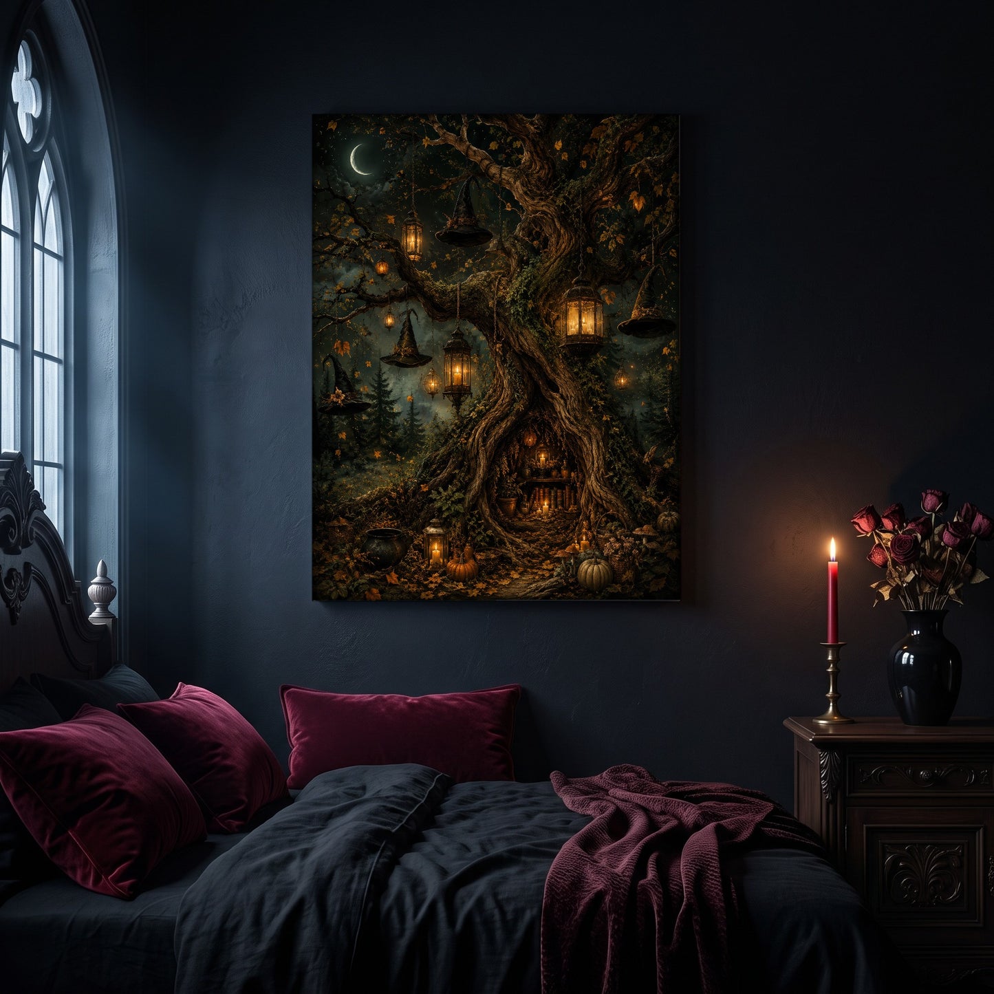 Ember Hollow ancient oak canvas hanging on a dark navy wall in a gothic bedroom, above a bed with burgundy velvet pillows and charcoal bedding, beside an arched leaded window and a wooden nightstand holding a lit red taper candle in a brass holder and a black vase of dried roses.

