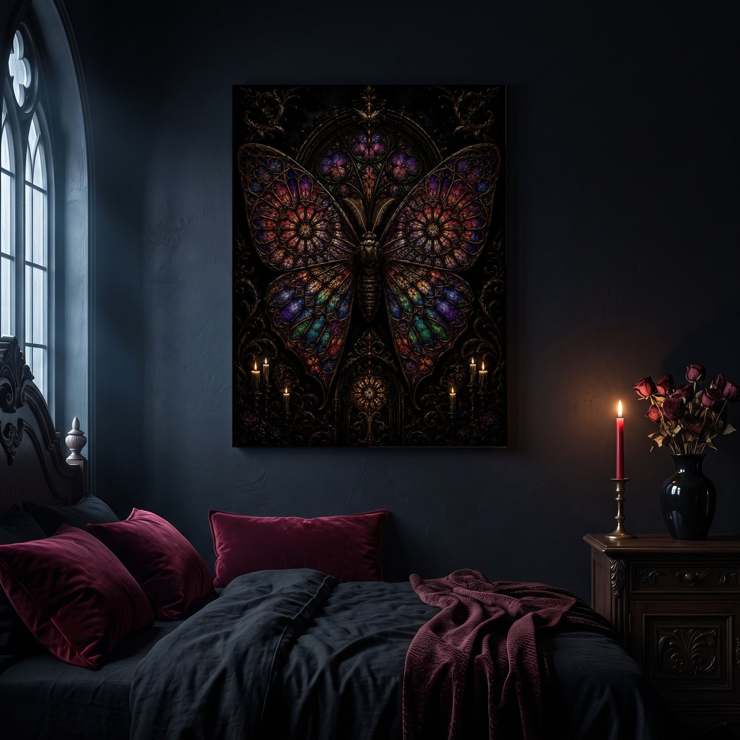 Vitrarium leaded-glass moth canvas hanging on a dark navy wall in a gothic bedroom, above a bed with burgundy velvet pillows and charcoal bedding, beside an arched leaded window and a wooden nightstand holding a red taper candle in a brass holder and a black vase of dark roses.