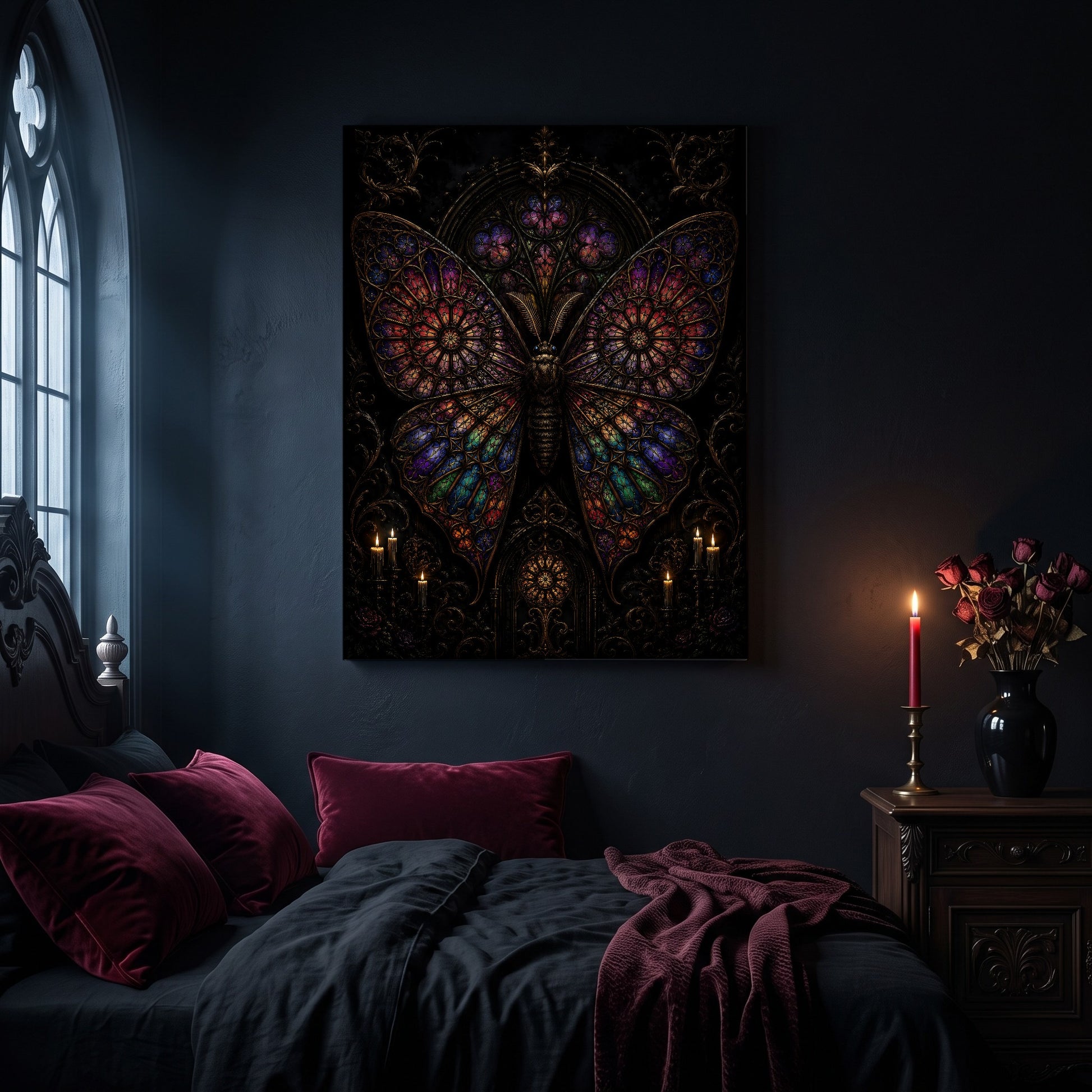 Vitrarium leaded-glass moth canvas hanging on a dark navy wall in a gothic bedroom, above a bed with burgundy velvet pillows and charcoal bedding, beside an arched leaded window and a wooden nightstand holding a red taper candle in a brass holder and a black vase of dark roses.
