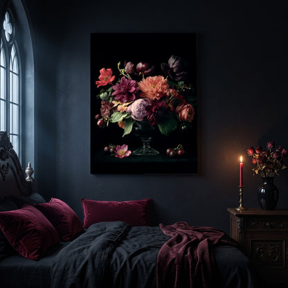 Tazza floral canvas hanging on a dark navy wall in a gothic bedroom, above a bed with burgundy velvet pillows and charcoal bedding, beside an arched leaded window and a wooden nightstand holding a lit red taper candle in a brass holder and a black vase of dried roses.