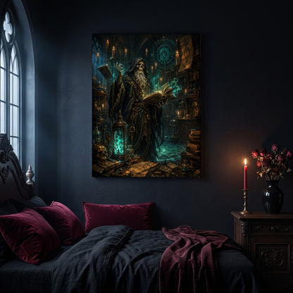 The Hollow Archivist arcane sorcerer canvas hanging on a dark navy wall in a gothic bedroom, above a bed with burgundy velvet pillows and charcoal bedding, beside an arched leaded window and a wooden nightstand holding a lit red taper candle in a brass holder and a black vase of dark roses.