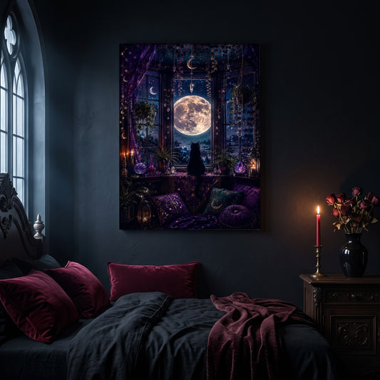 Witch's Window canvas hanging on a dark navy wall in a gothic bedroom, above a bed with burgundy velvet pillows and charcoal bedding, beside an arched leaded window and a wooden nightstand holding a lit red taper candle in a brass holder and a black vase of dried roses.