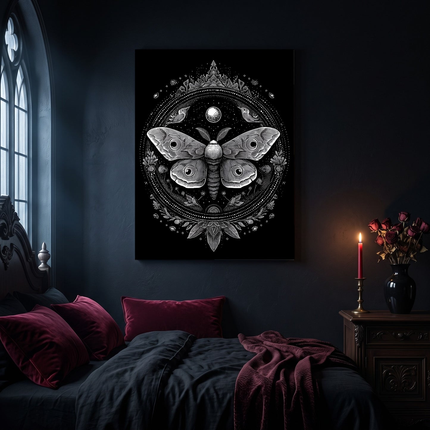 Vespers moth mandala canvas hanging on a dark navy wall in a gothic bedroom, above a bed with burgundy velvet pillows and charcoal bedding, beside an arched leaded window and a wooden nightstand holding a lit red taper candle in a brass holder and a black vase of dried roses.