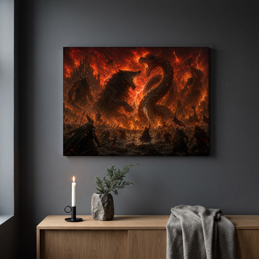 Twilight of the Gods battle print hanging on a plain dark grey wall above a light oak sideboard, styled with a lit white taper candle in a black holder, a stone vase of juniper, and a soft grey throw draped over the end.
