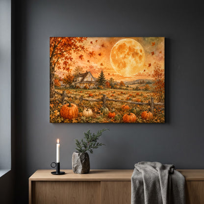 Homestead Moonrise print hanging on a plain grey wall above a light oak sideboard, styled with a lit white taper candle in a black holder, a stone vase of greenery and a folded grey throw.