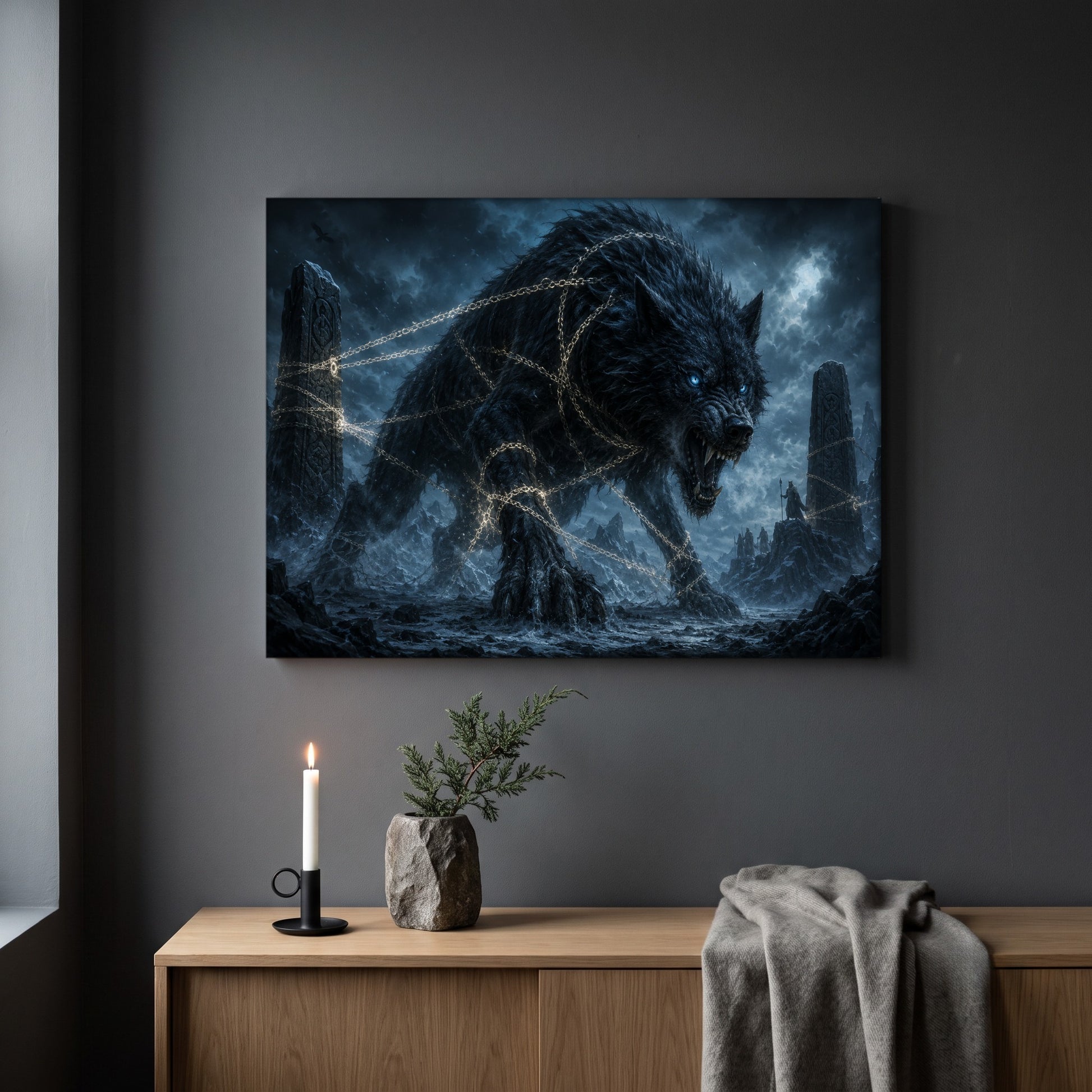 Fenrir norse wolf print hanging on a plain dark grey wall above a light oak sideboard, styled with a lit white taper candle in a black holder, a stone vase of juniper, and a soft grey throw draped over the end.