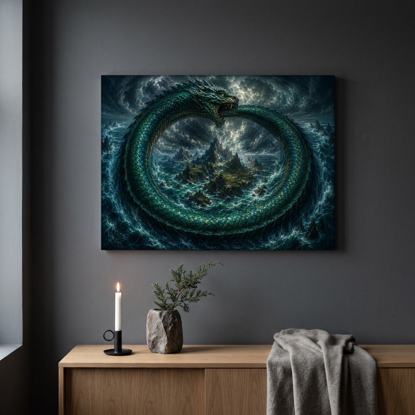 Jörmungandr ouroboros print hanging on a plain dark grey wall above a light oak sideboard, styled with a lit white taper candle in a black holder, a stone vase of juniper, and a soft grey throw draped over the end.