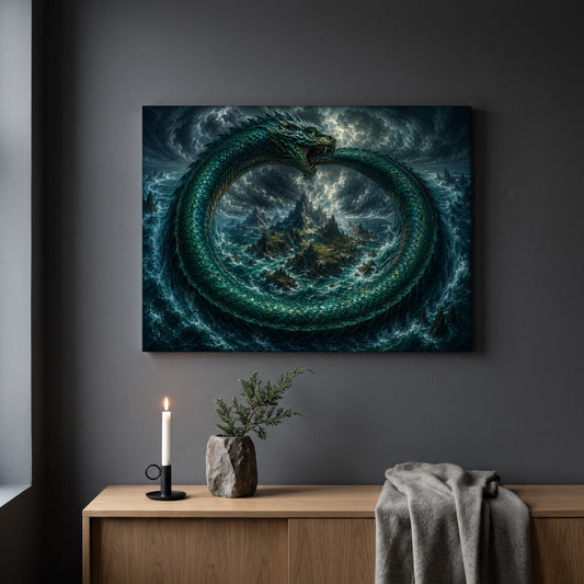 Jörmungandr ouroboros print hanging on a plain dark grey wall above a light oak sideboard, styled with a lit white taper candle in a black holder, a stone vase of juniper, and a soft grey throw draped over the end.