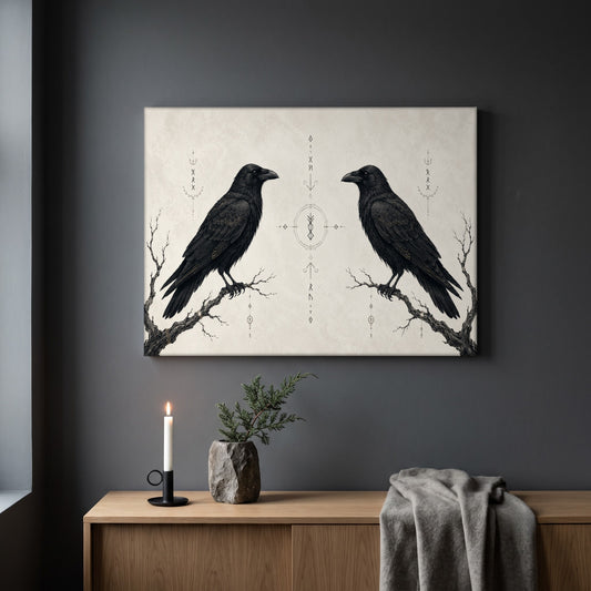 Huginn & Muninn line art print hanging on a plain dark grey wall above a light oak sideboard, styled with a lit white taper candle in a black holder, a stone vase of juniper, and a soft grey throw draped over the end.
