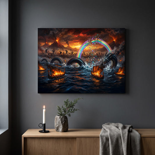 Ragnarök battle print hanging on a plain dark grey wall above a light oak sideboard, styled with a lit white taper candle in a black holder, a stone vase of juniper, and a soft grey throw draped over the end.