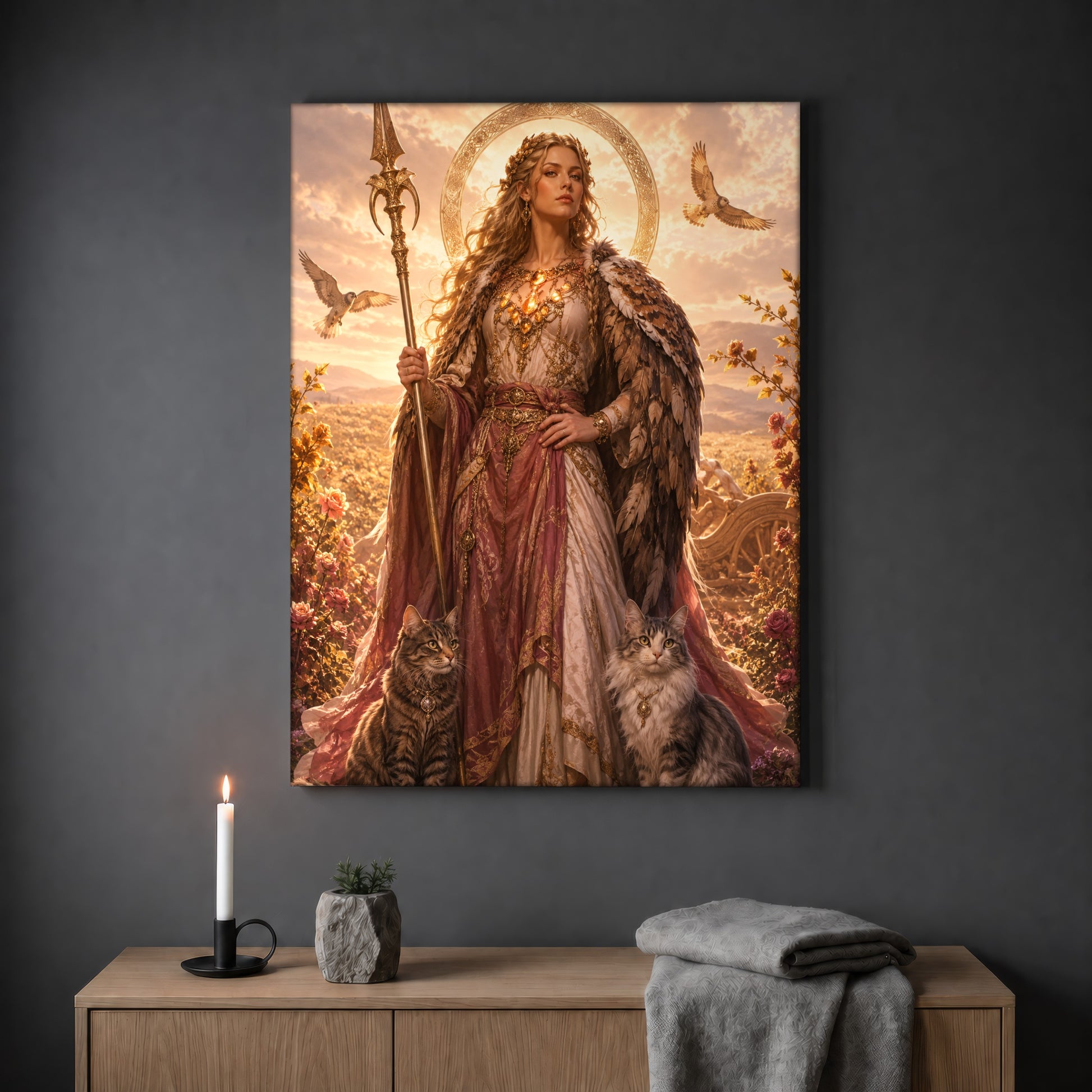 Freya norse goddess print hanging on a plain grey wall above a light oak sideboard, styled with a lit white taper candle in a black holder, a small stone pot of greenery and a folded grey throw.