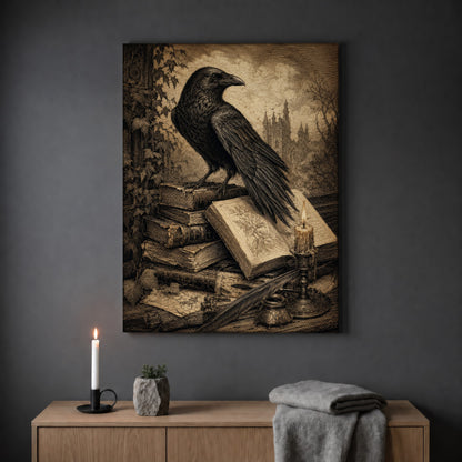 Muninn's Vigil candlelit print hanging on a plain grey wall above a light oak sideboard, styled with a lit white taper candle in a black holder, a small stone pot of greenery and a folded grey throw.