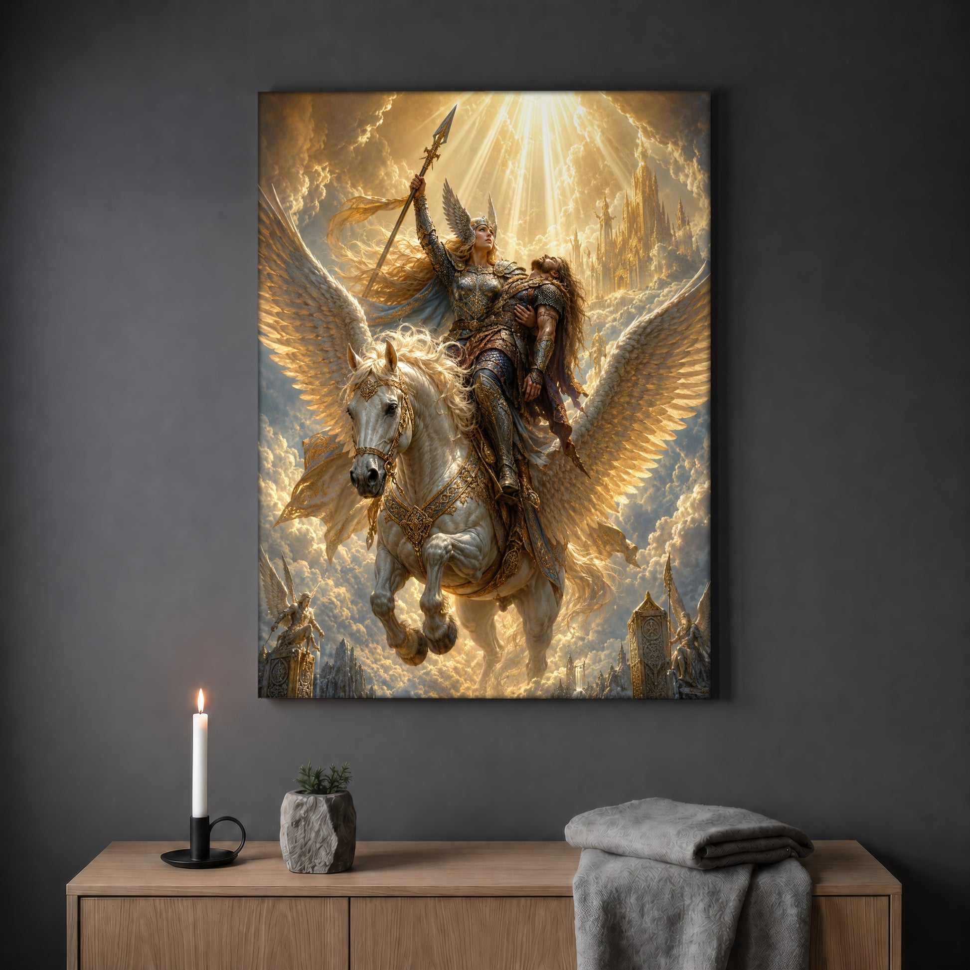Valkyrie winged horse print hanging on a plain grey wall above a light oak sideboard, styled with a lit white taper candle in a black holder, a small stone pot of greenery and a folded grey throw.