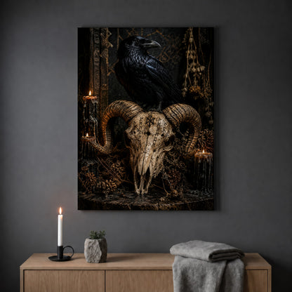 Valravn raven skull print hanging on a plain grey wall above a light oak sideboard, styled with a lit white taper candle in a black holder, a small stone pot of greenery and a folded grey throw.