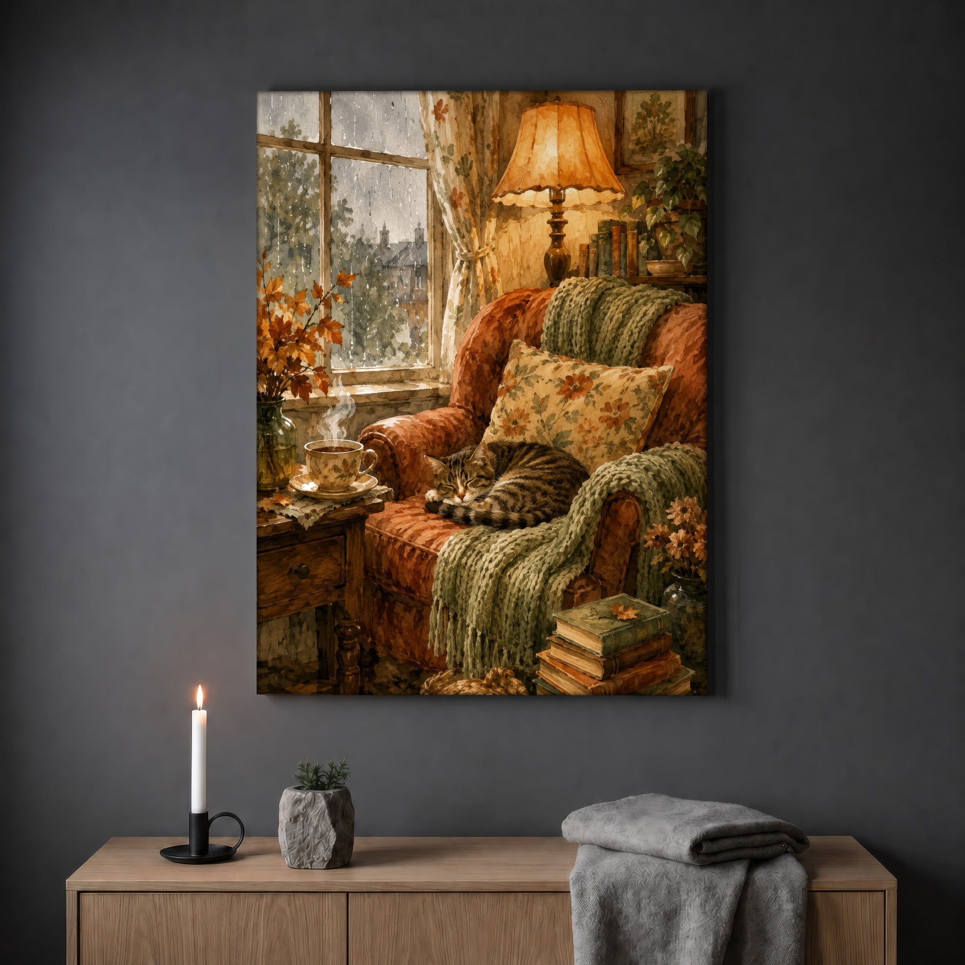 Tabby's Teatime Nap print hanging on a plain grey wall above a light oak sideboard, styled with a lit white taper candle in a black holder, a stone vase of greenery and a folded grey throw.