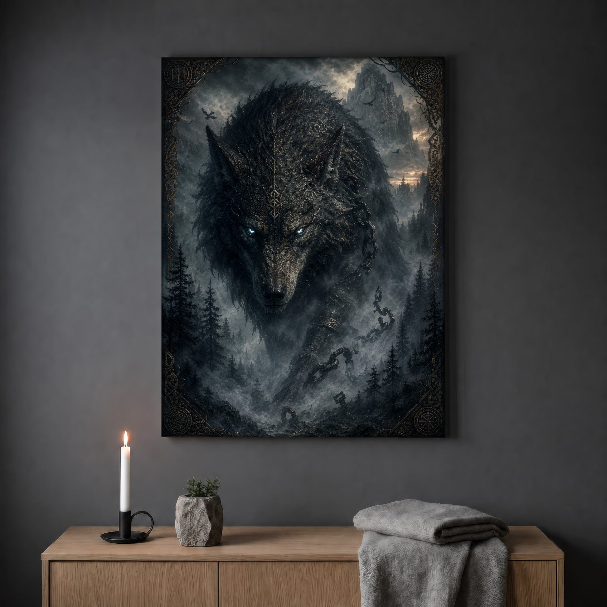 Vanagandr wolf portrait print hanging on a plain grey wall above a light oak sideboard, styled with a lit white taper candle in a black holder, a small stone pot of greenery and a folded grey throw.