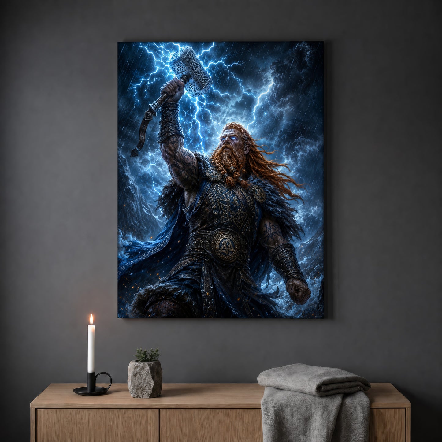 Mjölnir lightning print hanging on a plain grey wall above a light oak sideboard, styled with a lit white taper candle in a black holder, a small stone pot of greenery and a folded grey throw.