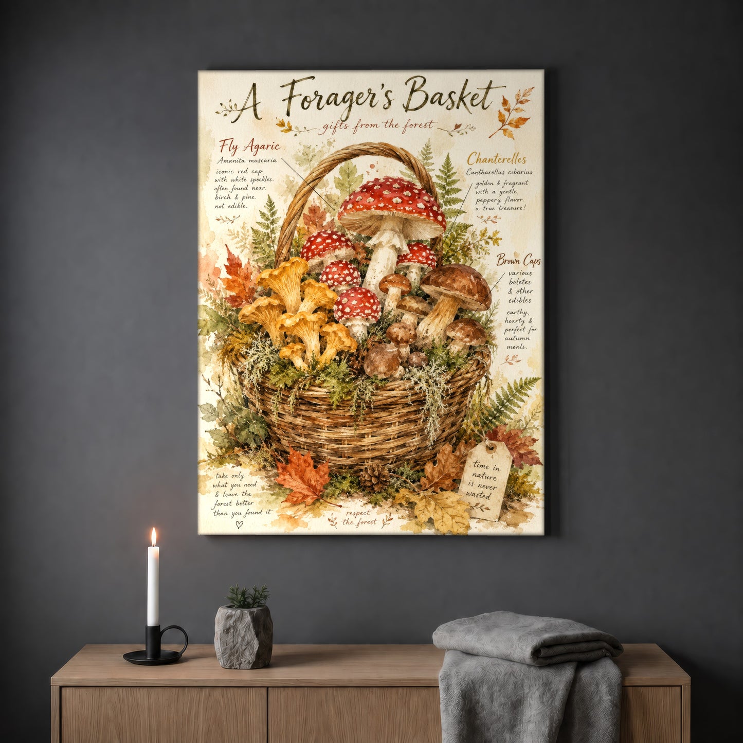  A Forager's Basket print hanging on a plain grey wall above a light wood sideboard, styled with a lit white taper candle in a black holder, a small stone pot of greenery and a folded grey throw.