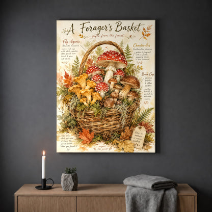  A Forager's Basket print hanging on a plain grey wall above a light wood sideboard, styled with a lit white taper candle in a black holder, a small stone pot of greenery and a folded grey throw.