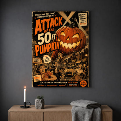 The Pumpkin That Ate Main Street poster hanging on a plain grey wall above a light oak sideboard, styled with a lit white taper candle in a black holder, a small stone pot of greenery and a folded grey throw.