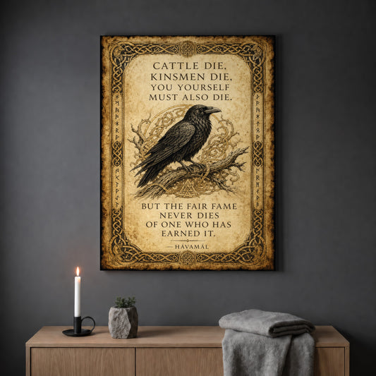 Hávamál quote print hanging on a plain grey wall above a light oak sideboard, styled with a lit white taper candle in a black holder, a small stone pot of greenery and a folded grey throw.