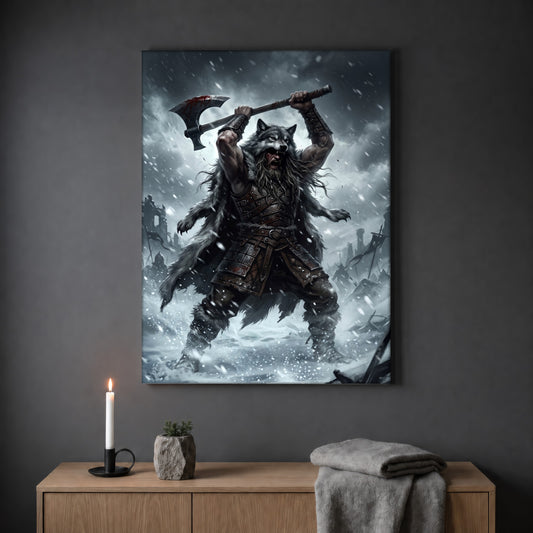 Berserker Rage monochrome viking print hanging on a plain grey wall above a light oak sideboard, styled with a lit white taper candle in a black holder, a small stone pot of greenery and a folded grey throw.
