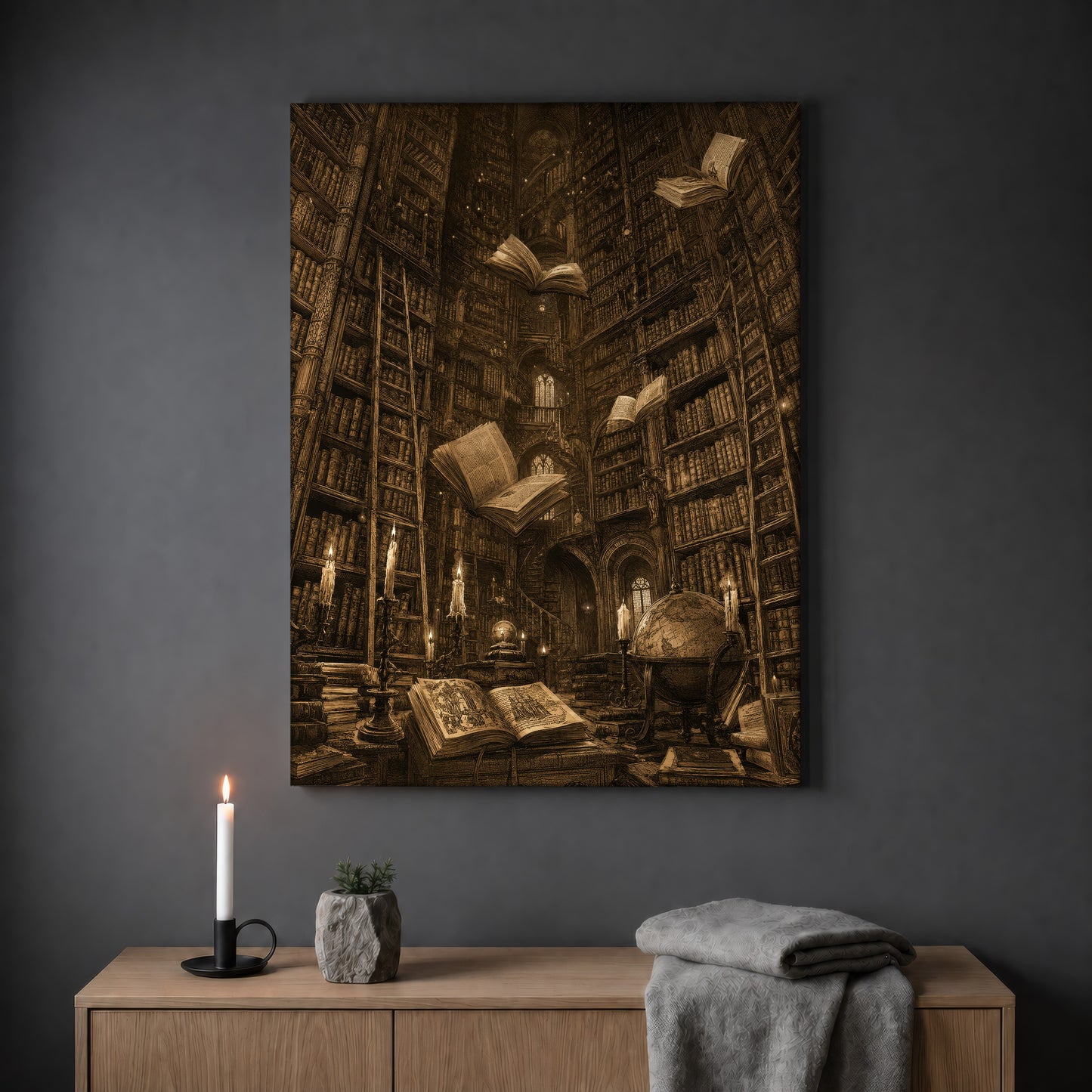 The Untethered Athenaeum library print hanging on a plain grey wall above a light oak sideboard, styled with a lit white taper candle in a black holder, a small stone pot of greenery and a folded grey throw.