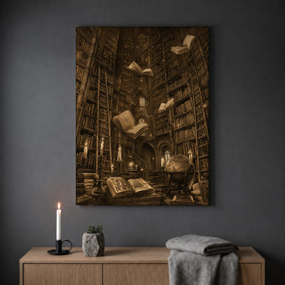 The Untethered Athenaeum library print hanging on a plain grey wall above a light oak sideboard, styled with a lit white taper candle in a black holder, a small stone pot of greenery and a folded grey throw.