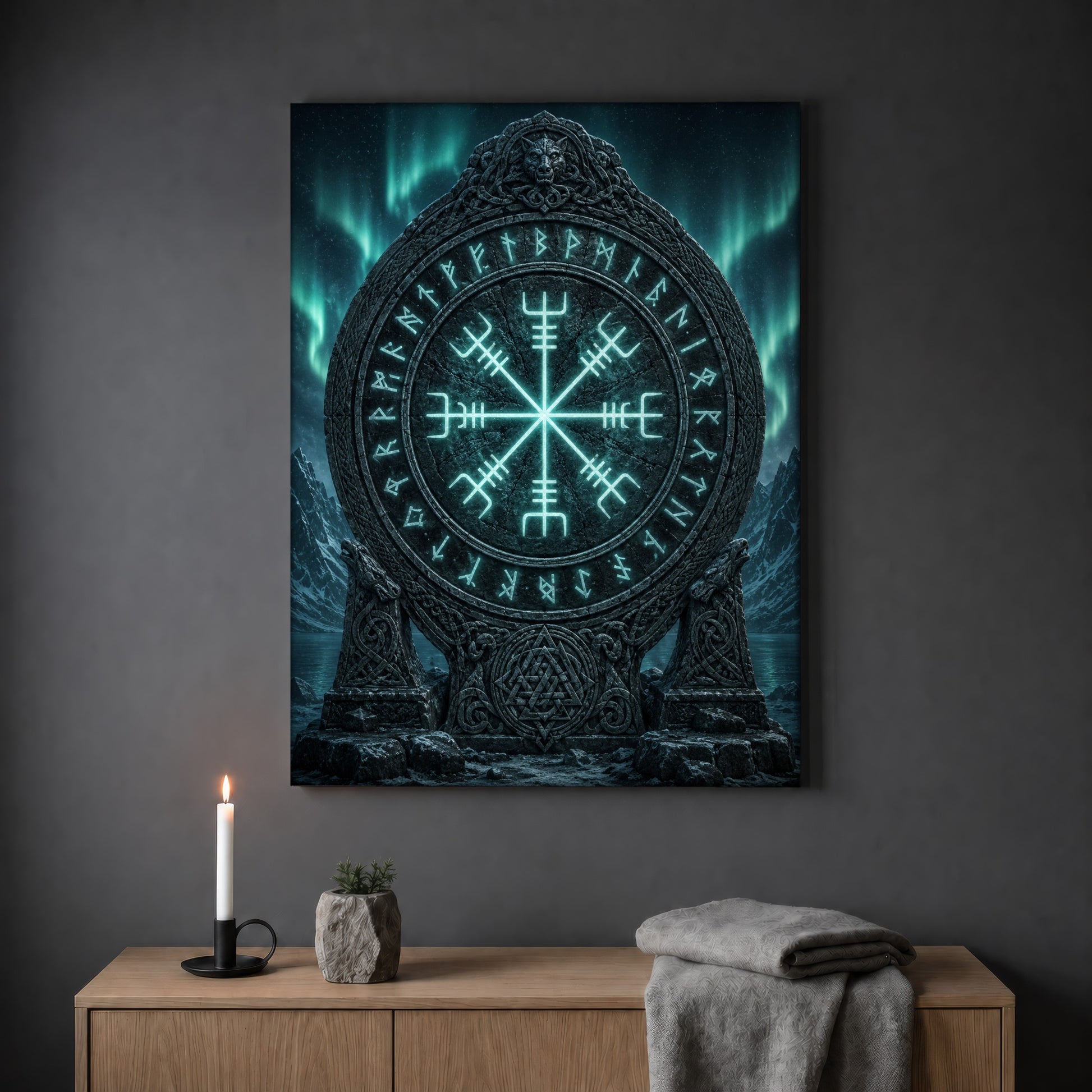 Vegvísir compass print hanging on a plain grey wall above a light oak sideboard, styled with a lit white taper candle in a black holder, a small stone pot of greenery and a folded grey throw.