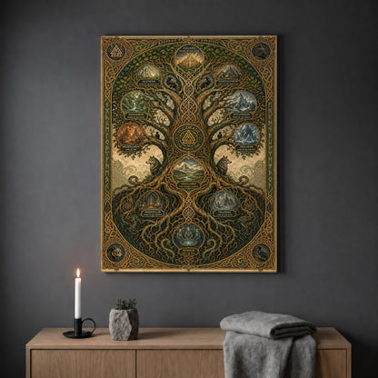 The Nine Realms map print hanging on a plain grey wall above a light oak sideboard, styled with a lit white taper candle in a black holder, a small stone pot of greenery and a folded grey throw.