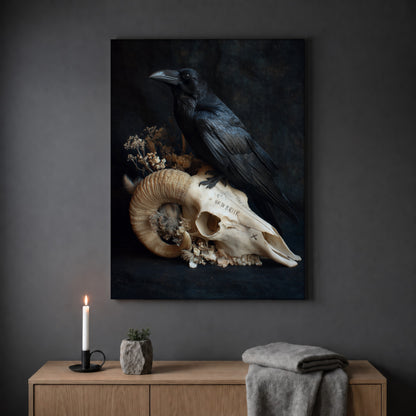 Hel still life print hanging on a plain grey wall above a light oak sideboard, styled with a lit white taper candle in a black holder, a small stone pot of greenery and a folded grey throw.