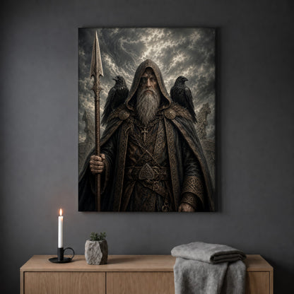 Gungnir spear print hanging on a plain grey wall above a light oak sideboard, styled with a lit white taper candle in a black holder, a small stone pot of greenery and a folded grey throw.