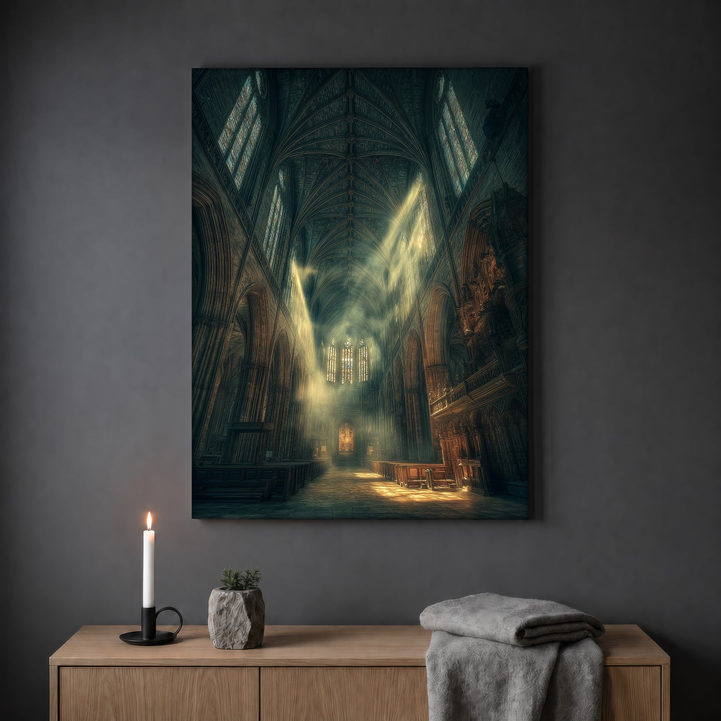 Compline nave print hanging on a plain grey wall above a light oak sideboard, styled with a lit white taper candle in a black holder, a small stone pot of greenery and a folded grey throw.