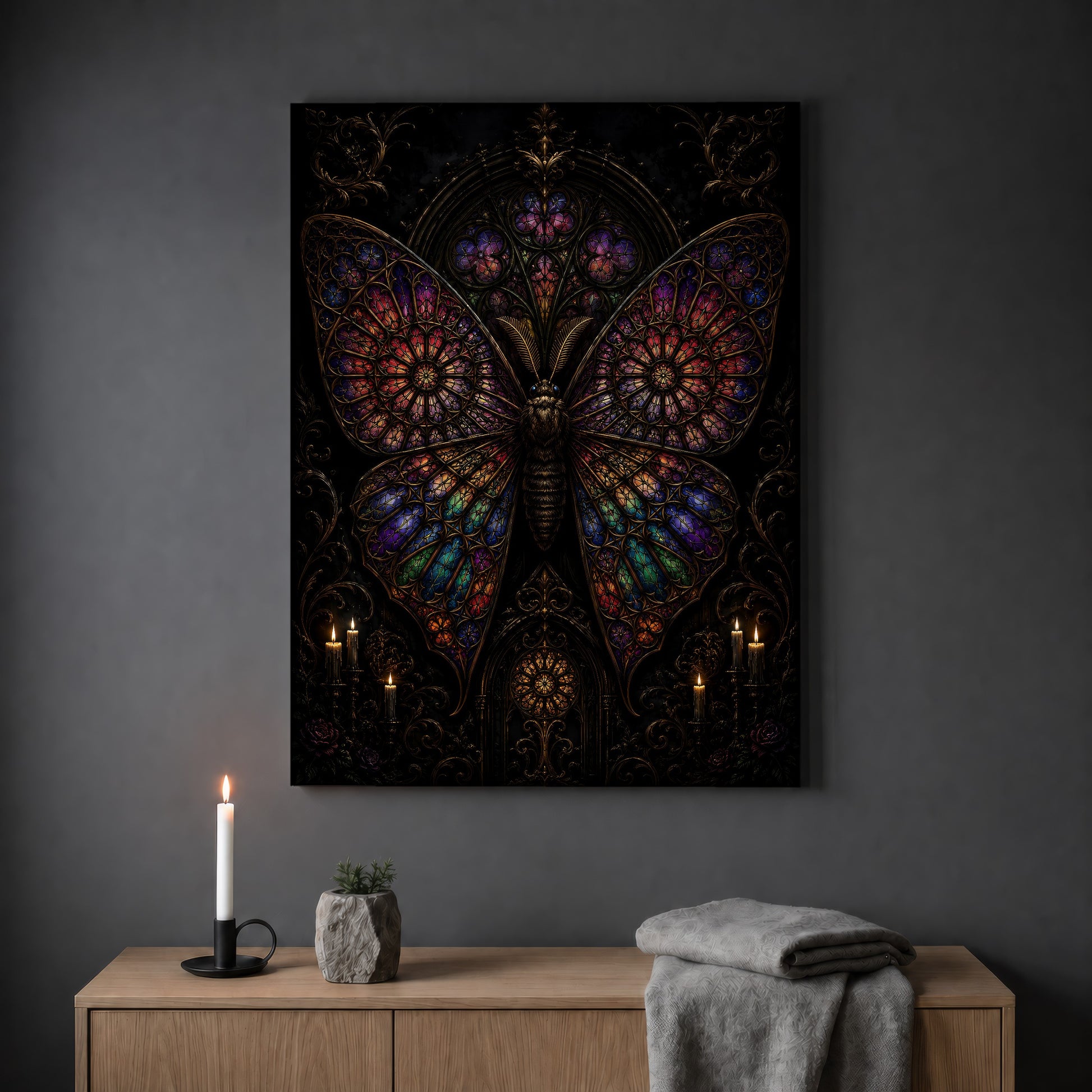 Vitrarium moth print hanging on a plain grey wall above a light oak sideboard, styled with a lit white taper candle in a black holder, a small stone pot of greenery and a folded grey throw.