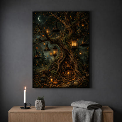 Ember Hollow forest print hanging on a plain grey wall above a light oak sideboard, styled with a lit white taper candle in a black holder, a small stone pot of greenery and a folded grey throw.