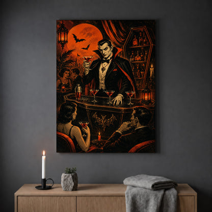 Shaken Not Staked cocktail print hanging on a plain grey wall above a light oak sideboard, styled with a lit white taper candle in a black holder, a small stone pot of greenery and a folded grey throw.