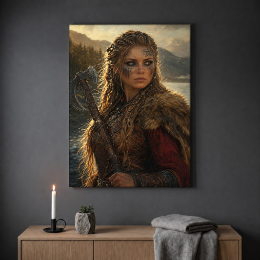 Shieldmaiden viking woman print hanging on a plain grey wall above a light oak sideboard, styled with a lit white taper candle in a black holder, a small stone pot of greenery and a folded grey throw.