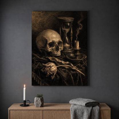 Compline still life print hanging on a plain grey wall above a light oak sideboard, styled with a lit white taper candle in a black holder, a small stone pot of greenery and a folded grey throw.