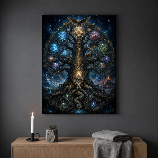 Yggdrasil nine realms print hanging on a plain grey wall above a light oak sideboard, styled with a lit white taper candle in a black holder, a small stone pot of greenery and a folded grey throw.