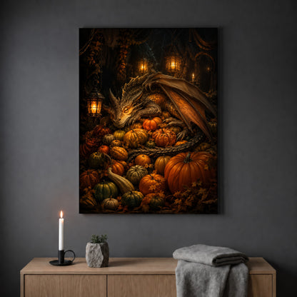 The Pumpkin Den dragon print hanging on a plain grey wall above a light oak sideboard, styled with a lit white taper candle in a black holder, a small stone pot of greenery and a folded grey throw.