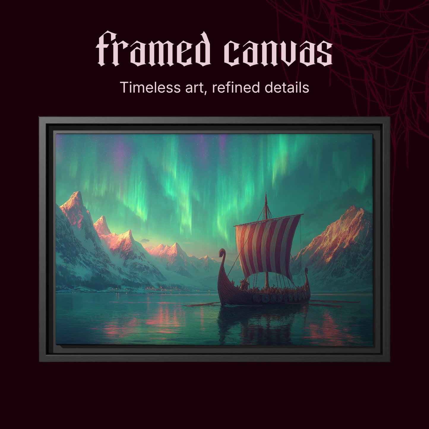 Vinland shown as a black framed canvas on a deep red background beneath the heading Framed Canvas — Timeless art, refined details.