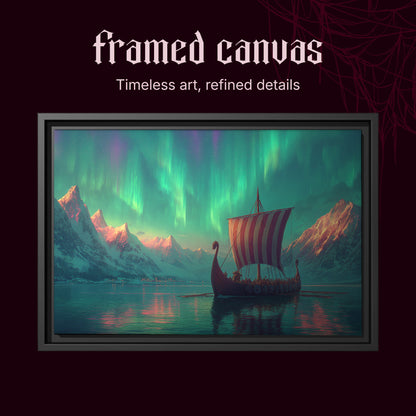 Vinland shown as a black framed canvas on a deep red background beneath the heading Framed Canvas — Timeless art, refined details.