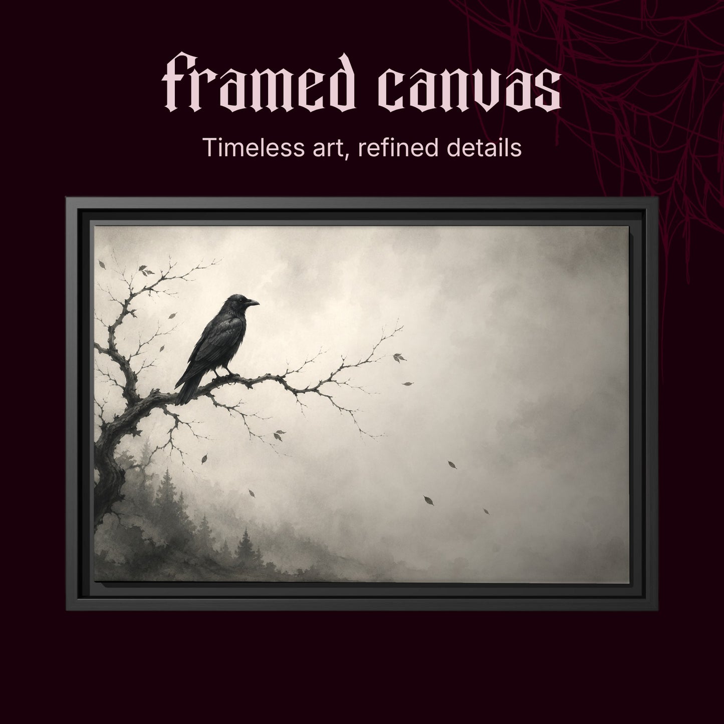 Hollow Morning shown as a black framed canvas on a deep red cobwebbed background beneath the heading Framed Canvas — Timeless art, refined details, displaying the crow on its bare branch against the foggy grey sky.