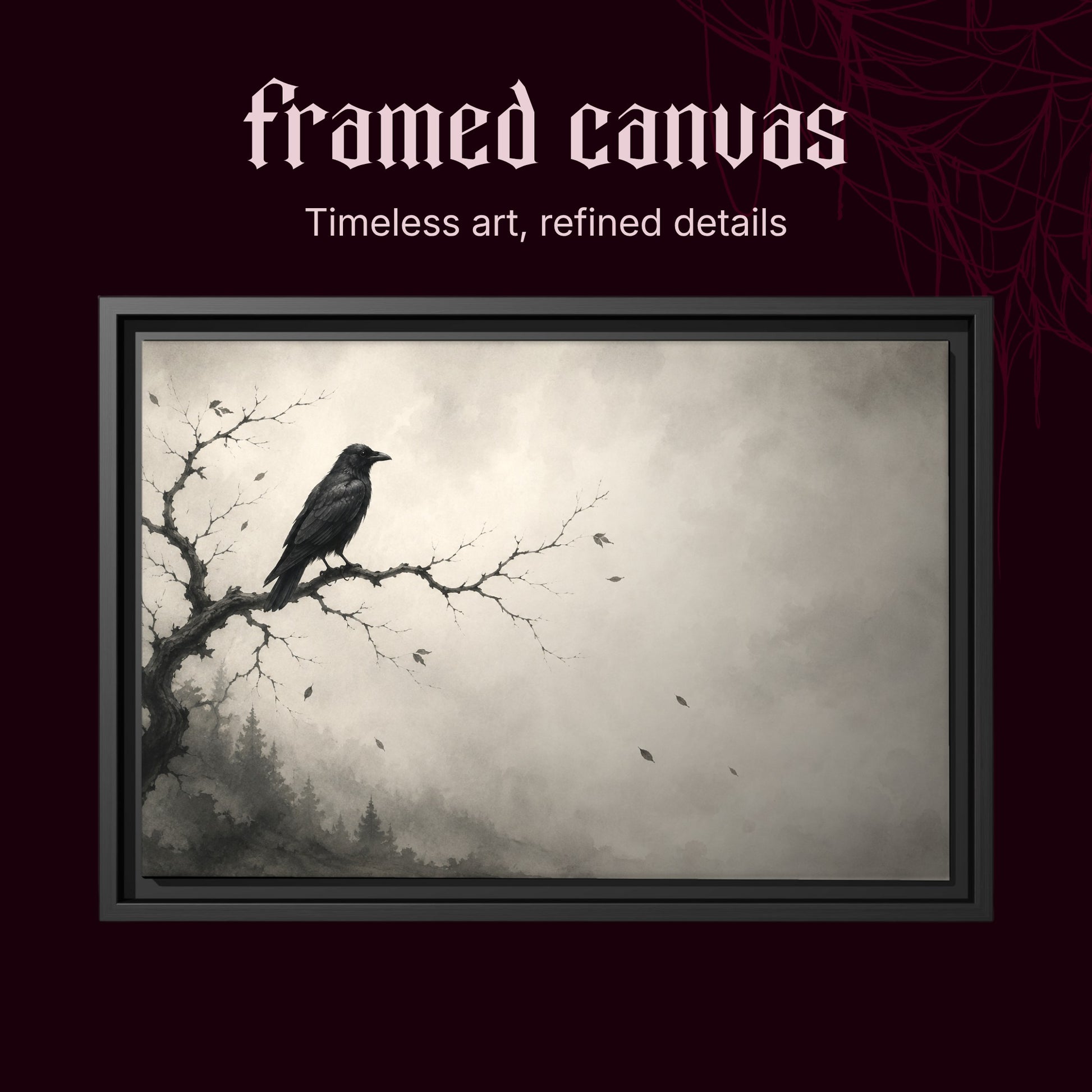Hollow Morning shown as a black framed canvas on a deep red cobwebbed background beneath the heading Framed Canvas — Timeless art, refined details, displaying the crow on its bare branch against the foggy grey sky.