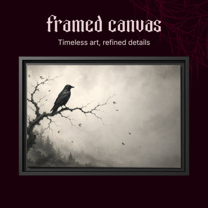 Hollow Morning shown as a black framed canvas on a deep red cobwebbed background beneath the heading Framed Canvas — Timeless art, refined details, displaying the crow on its bare branch against the foggy grey sky.