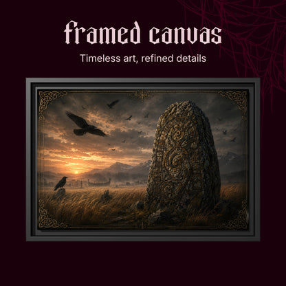 The Harvest Stone shown as a black framed canvas on a deep red background beneath the heading Framed Canvas — Timeless art, refined details.