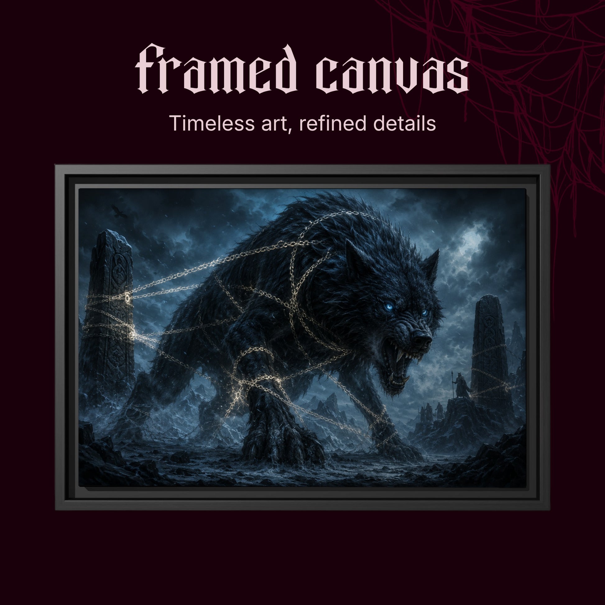 Fenrir shown as a black framed canvas on a deep red background beneath the heading Framed Canvas — Timeless art, refined details.